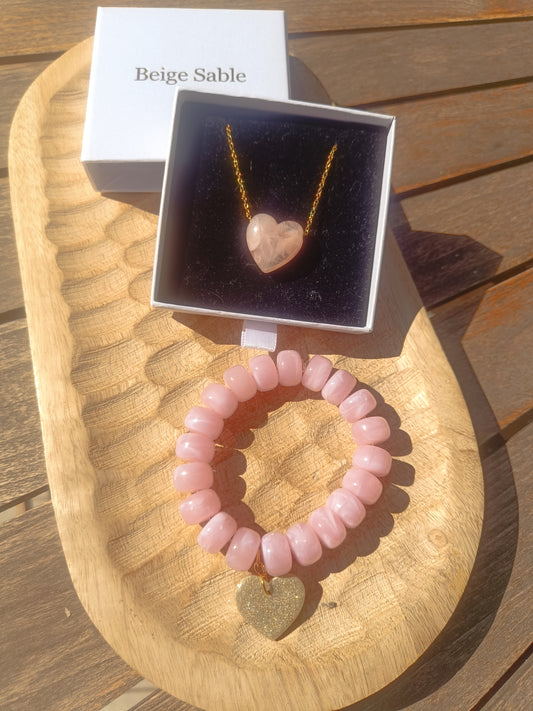 Parure collier + bracelet rose